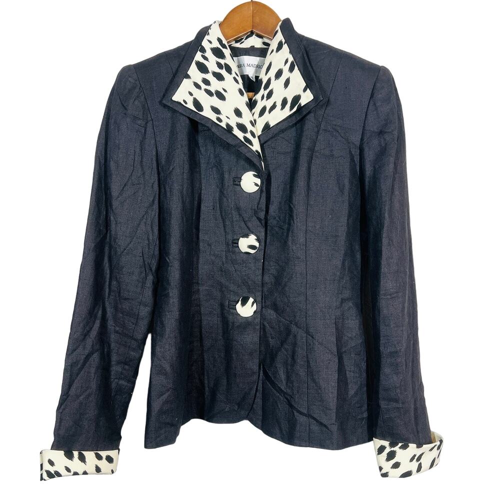 Vintage Laura Madrigano Linen Blazer Jacket Black Animal Crepe Fitted - 4